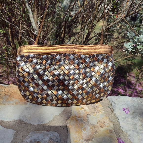VINTAGE Y2K Morris Moskowitz Gold Silver Copper Gunmetal Woven Clutch EUC - Picture 2 of 12